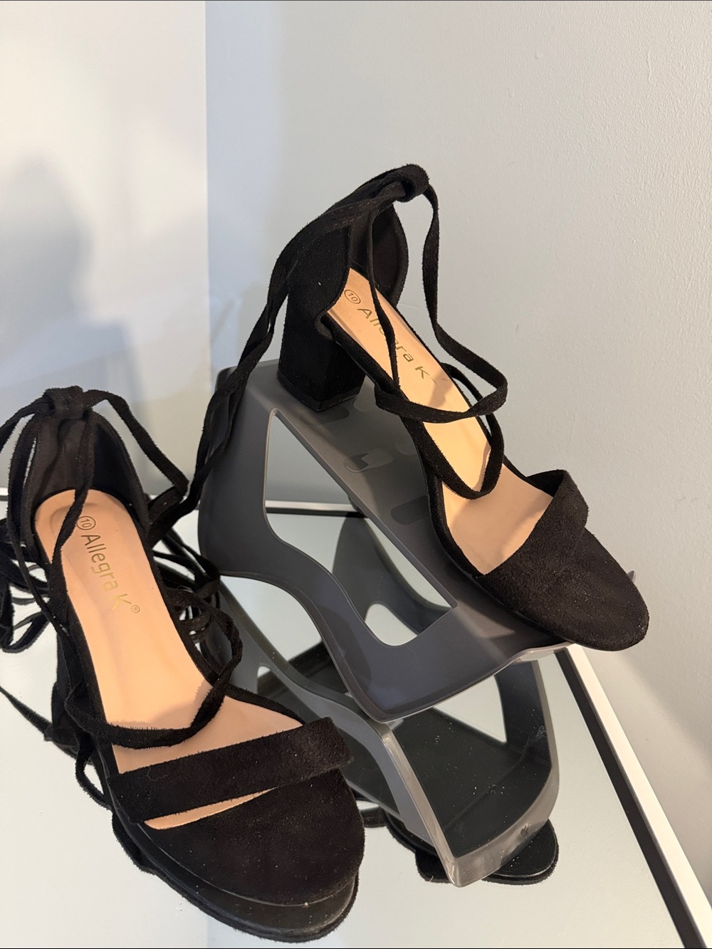 Allegra K Black faux Suede Lace-Up Block Heel Sandals worn once
